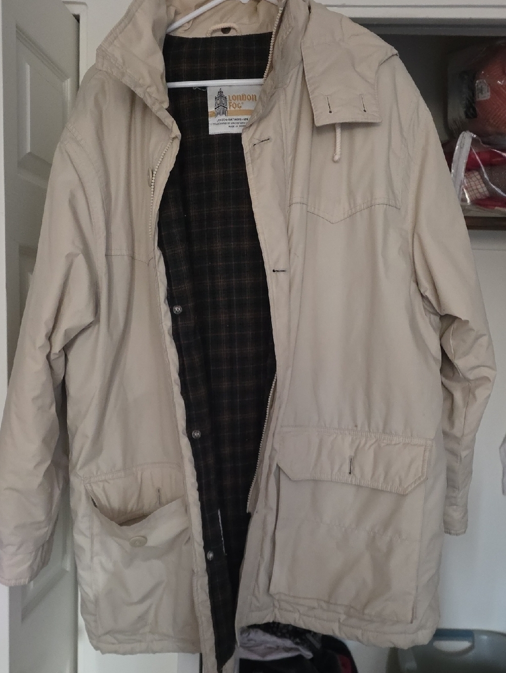 London Fog Men's Light Beige Trench Coat with Plaid Lining